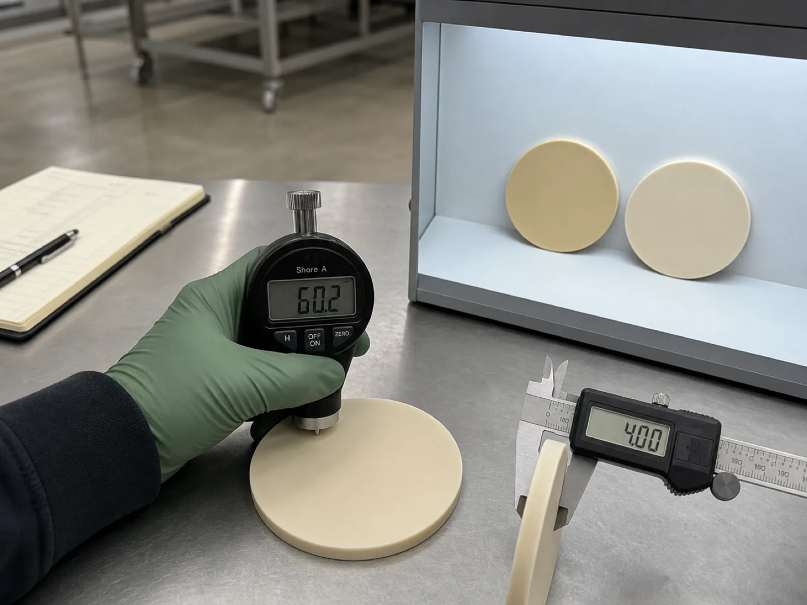 Silicone coaster manufacturer QC bench inspection — digital durometer verifying Shore A 60 on 100 mm round platinum-cured coasters, calipers measuring 4 mm thickness ±0.1 mm, and D65 light box for color-strike consistency against approved gold sample