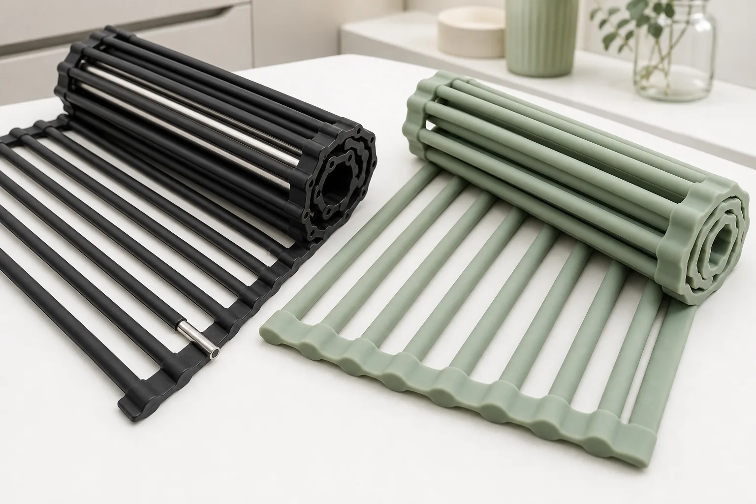 Silicone-coated 304 stainless and full-silicone roll-up drying racks side-by-side, both partially rolled up