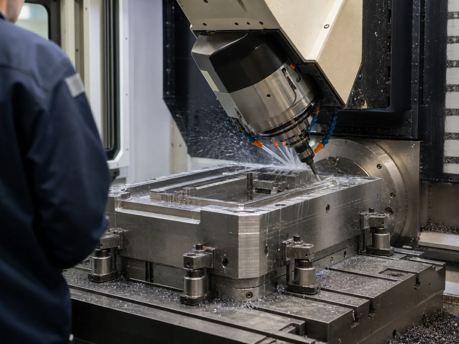 Wetop Silicone in-house mold workshop with a 5-axis CNC cutting a P20 hardened steel mold for the coated stainless roll-up rack in-mold insert workflow