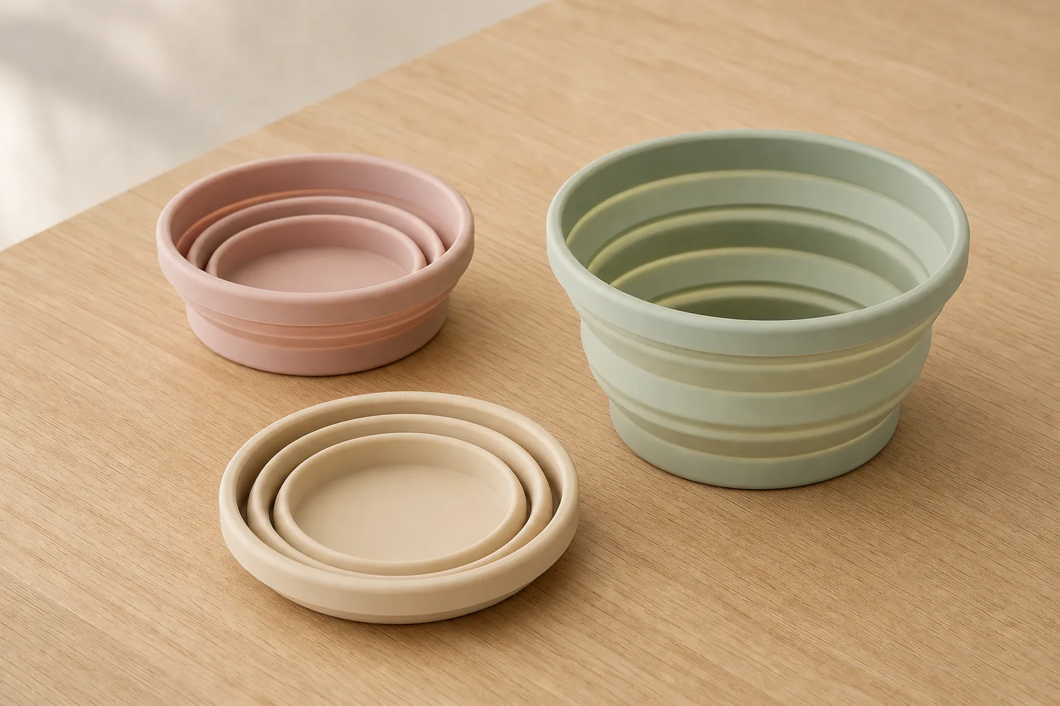 Custom silicone collapsible bowl samples on a Wetop QC bench under inspection lighting with a compression-molded rim ring beside a Shore A durometer