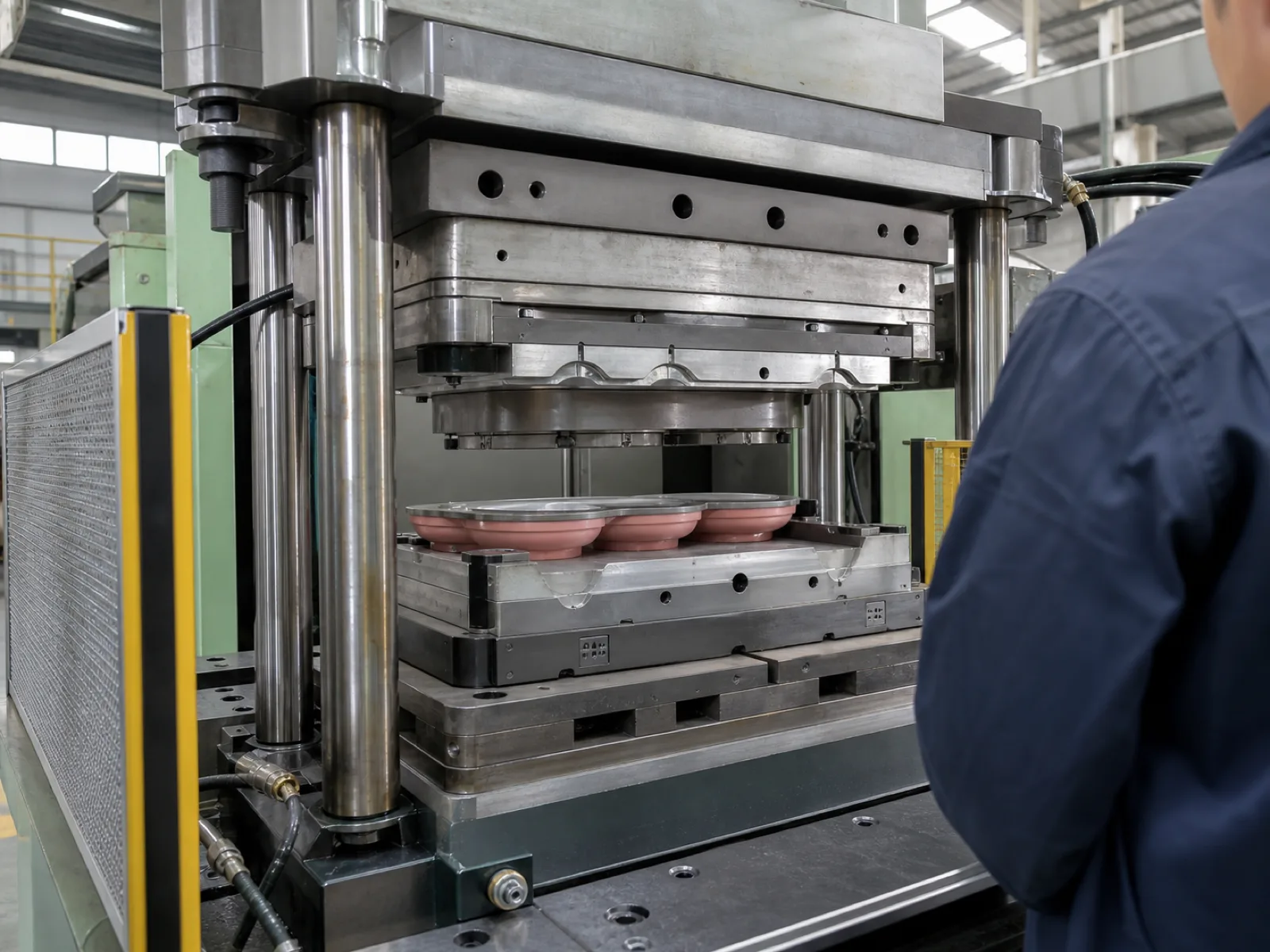 Wetop Silicone compression molding press mid-cycle with hydraulic clamp on a hardened steel mold producing collapsible bowl parts for a Tier 2 retail program