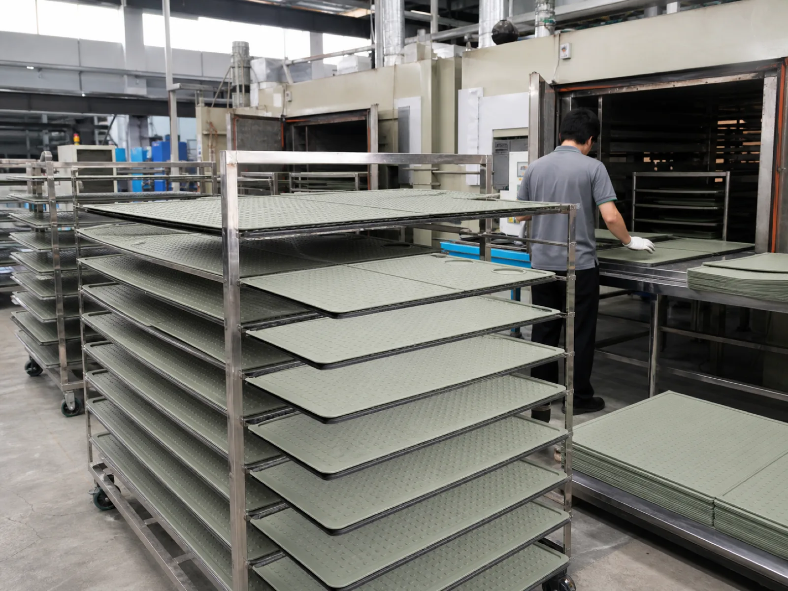 Wetop Silicone QC workshop with inspectors performing dimensional CMM measurement and Shore A durometer readings on collapsible bowl first-article samples