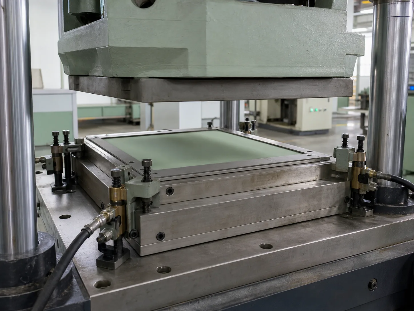 Wetop Silicone compression molding press mid-cycle curing a single-layer silicone counter mat at 180°C under hydraulic clamp in Dongguan