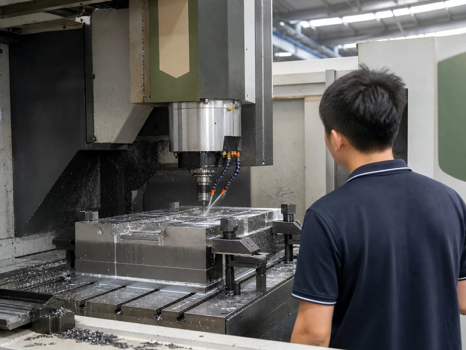 Wetop Silicone in-house CNC machining P20 steel tooling for a custom silicone counter mat program, floor operator monitoring the spindle in Dongguan