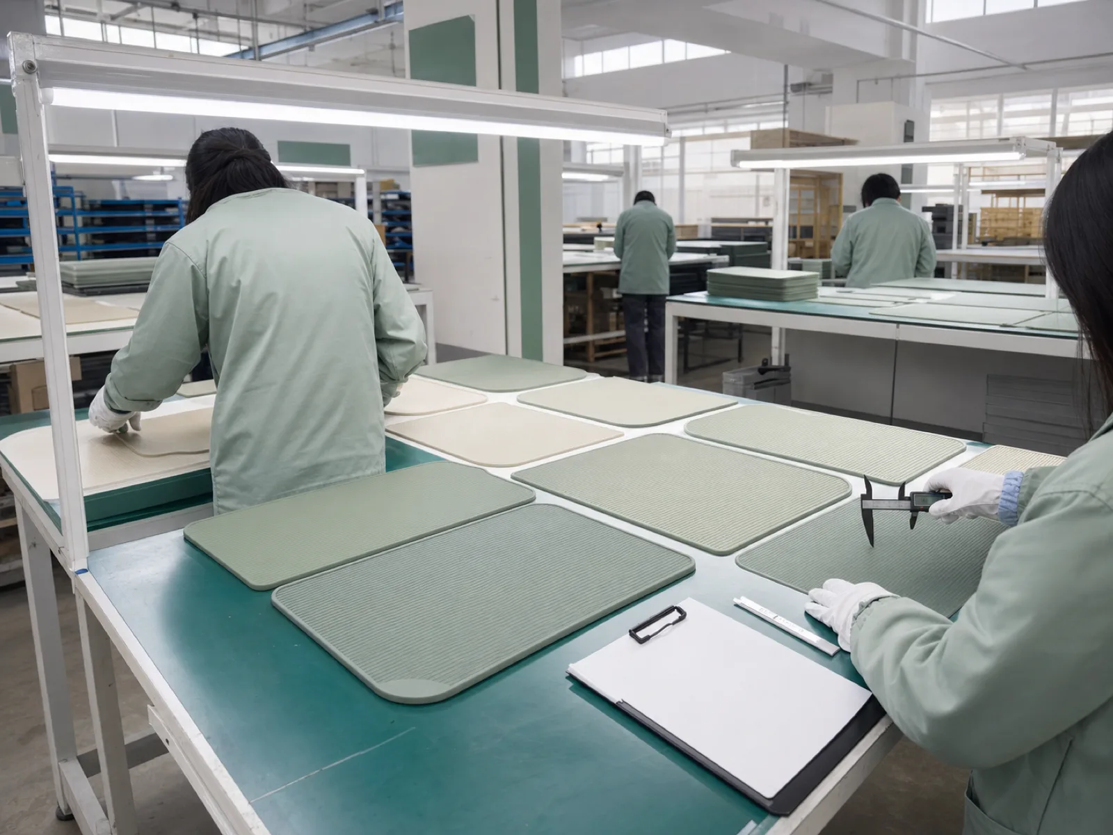 Wetop Silicone QC workshop with technicians running AQL inspection on a batch of silicone counter mats under D65 daylight-simulation lighting in Dongguan
