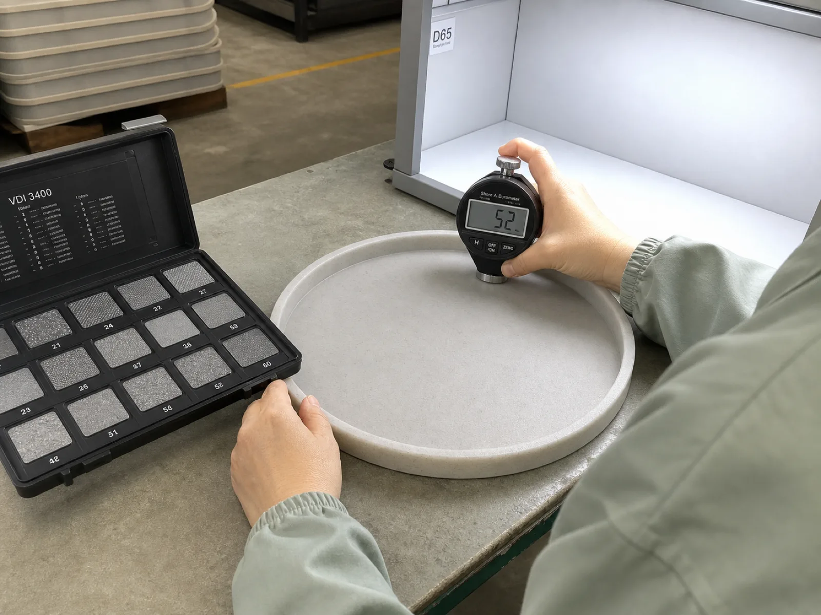 QC technician measuring Shore A durometer and surface finish on a matte concrete-look silicone decorative tray at Wetop Dongguan bench, digital durometer reading 52 with VDI 3400 texture reference plate and D65 daylight-simulation lightbox in frame
