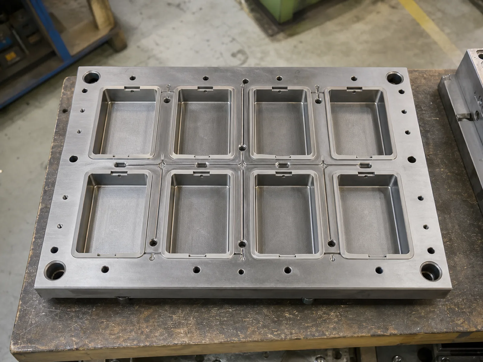 Wetop Silicone P20 hardened steel compression mold plate with an 8-cavity layout for a 110×70×25 mm closed-cell silicone dish sponge OEM program under overhead workshop lighting in Dongguan