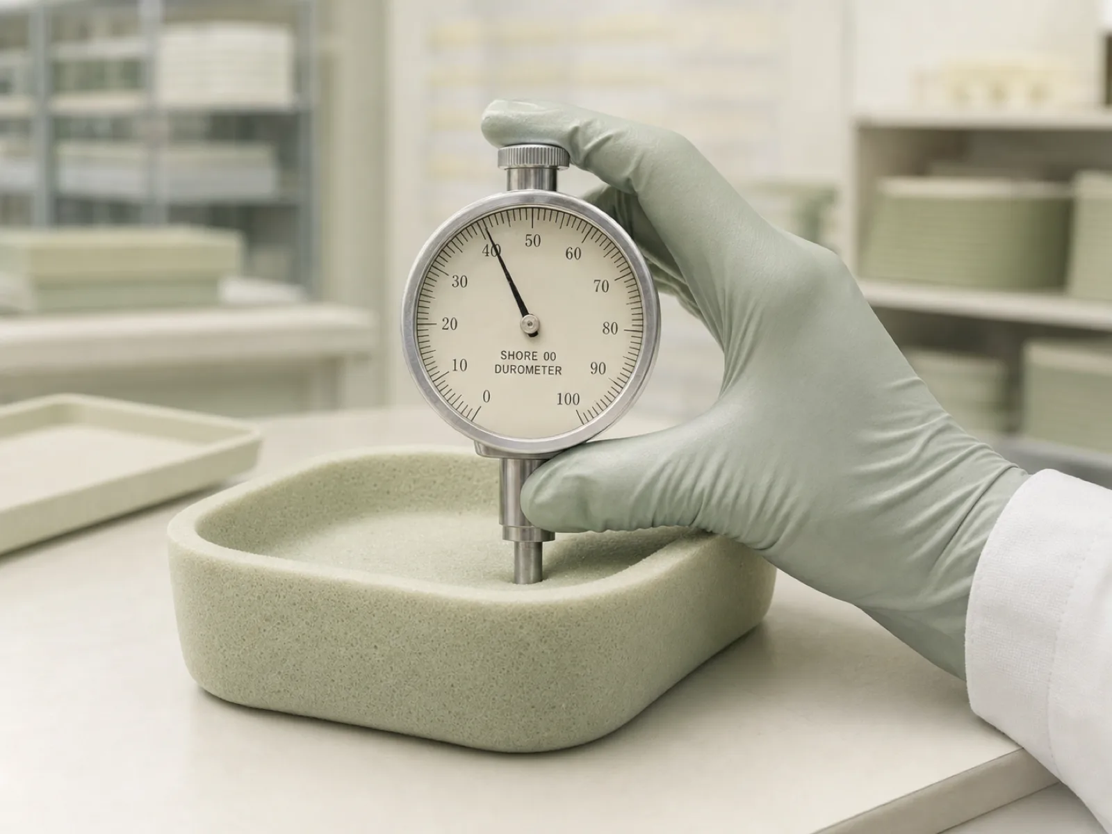 Wetop Silicone QC engineer measuring Shore 00 hardness on a closed-cell silicone dish sponge sample with a calibrated durometer per ASTM D2240 under D65 inspection lighting at the Dongguan quality lab