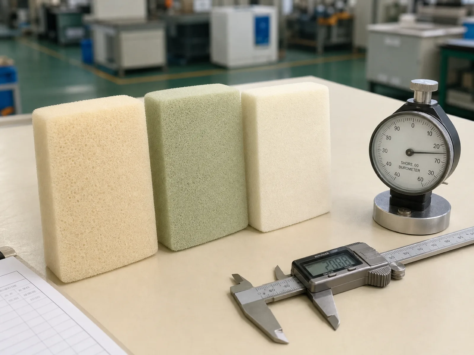Closed-cell food-grade silicone sponge blocks on a Wetop QC bench beside a durometer and calipers under D65 inspection lighting in Dongguan for an OEM dish sponge program