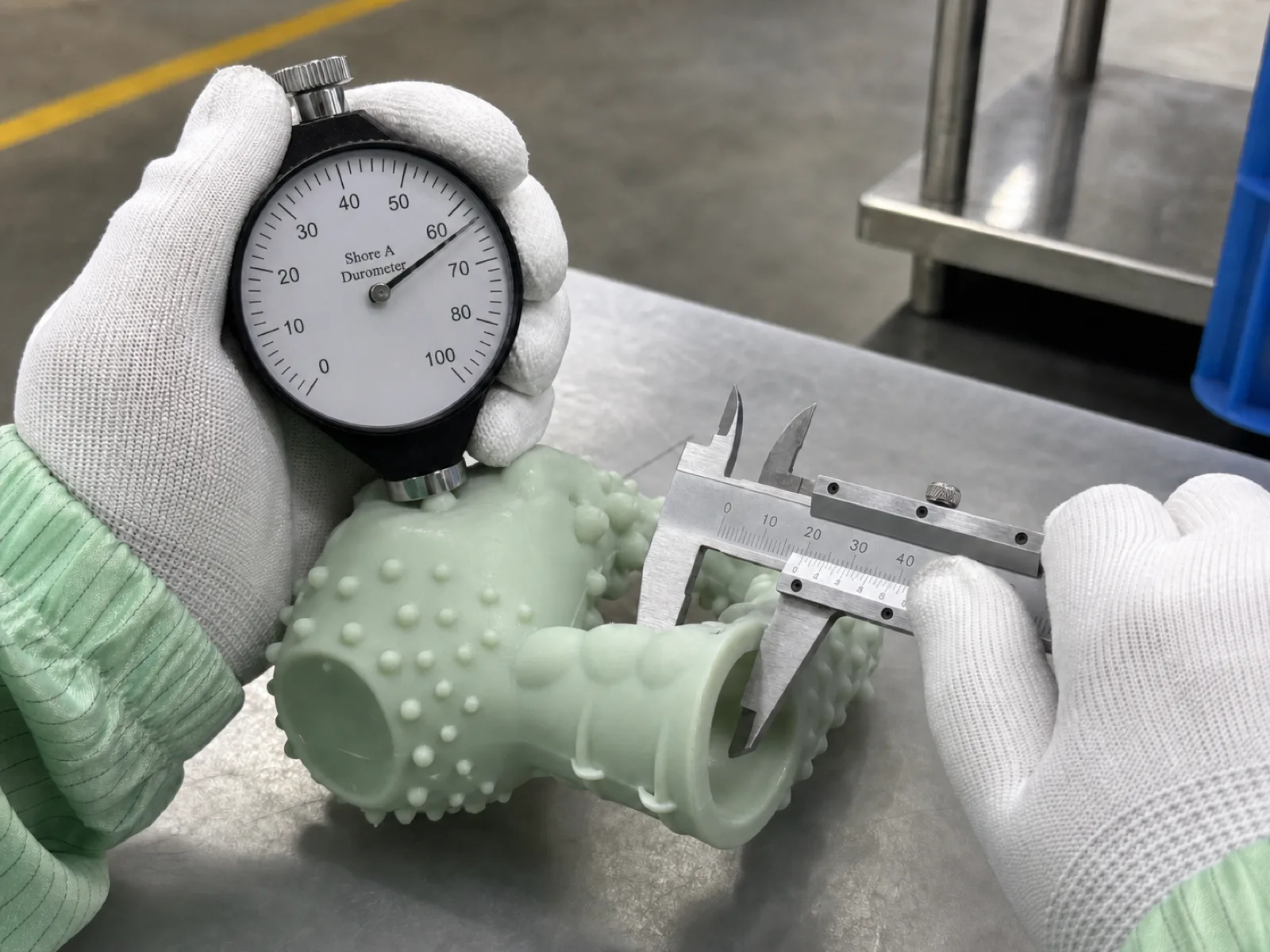 A durometer gauge pressed into the wall of a platinum-cured silicone dog chew toy reading in the 60-70 Shore A range, on a QC bench beside calipers measuring wall thickness, at a Dongguan silicone factory.