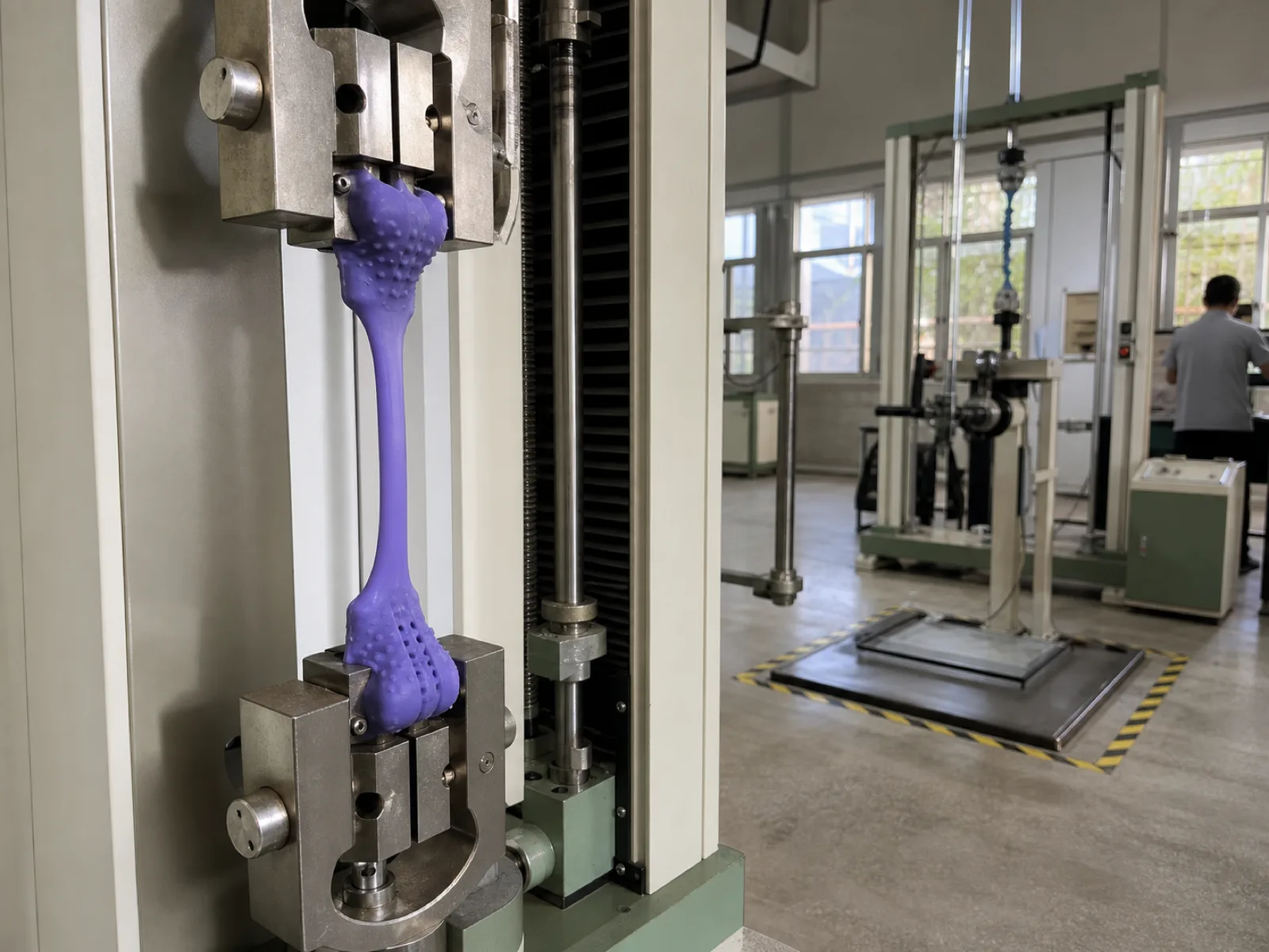 A silicone dog toy sample clamped in a benchtop tension pull-test rig stretching to elongation, with a torque fixture and drop-test frame in the background, on a neutral concrete floor at a Dongguan silicone factory.