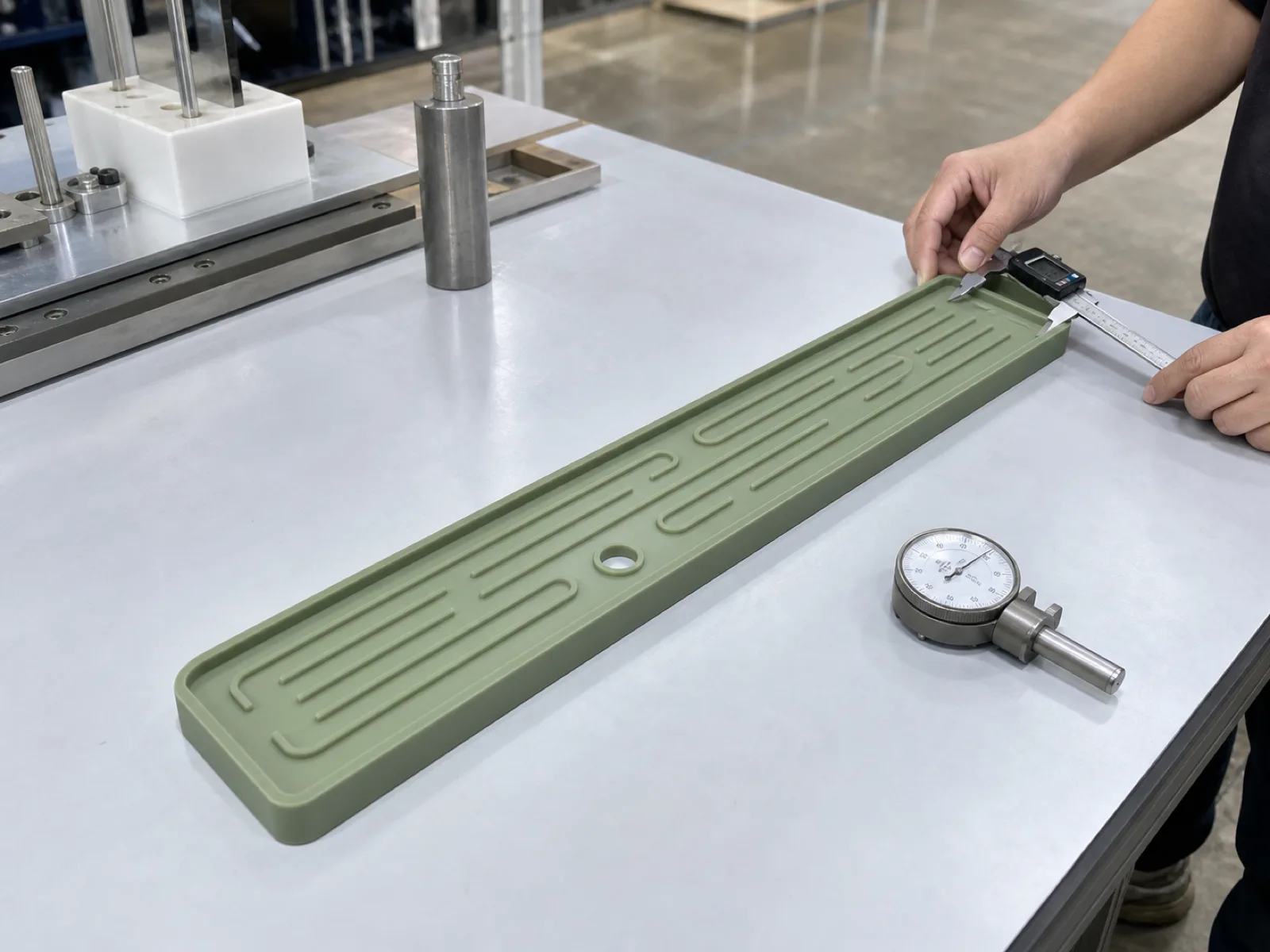 Custom silicone drip mat first-article inspection at Wetop's Dongguan QC bench — 600 mm × 100 mm sage bar-rail mat at Shore A 65 with raised edge and drainage channels, calipers and durometer under D65 workshop lighting