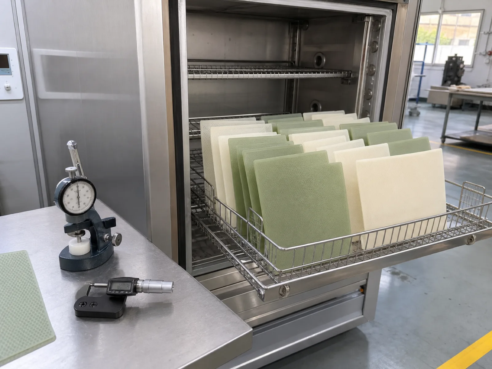 Dishwasher-aging durability test at Wetop — a rack of sage and cream reusable silicone dryer sheets loaded into an industrial dishwasher-aging cabinet for accelerated wash-and-heat cycling, alongside a Shore A durometer and thickness gauge on a QC bench in a Dongguan silicone factory under D65 light.