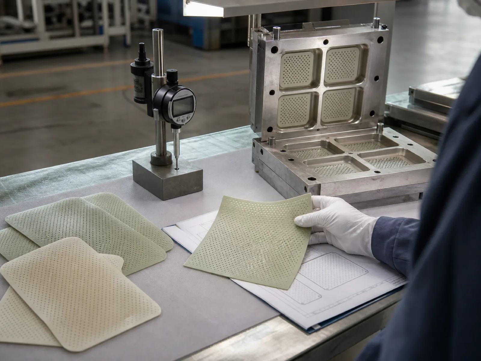 Reusable silicone dryer sheet OEM samples on a QC bench at a Dongguan silicone factory — thin flexible sage and cream perforated silicone laundry sheets staged beside a thickness gauge and a cavity-numbered compression mold, technician's gloved hand steadying a freshly demolded sheet against a spec drawing under D65 light.