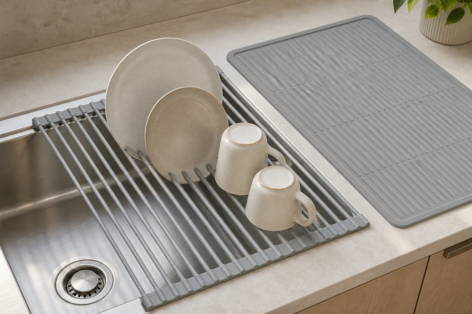 Roll-up silicone-coated stainless drying rack unrolled on a Wetop QC bench with calipers, Shore A durometer, and D65 inspection lighting in Dongguan