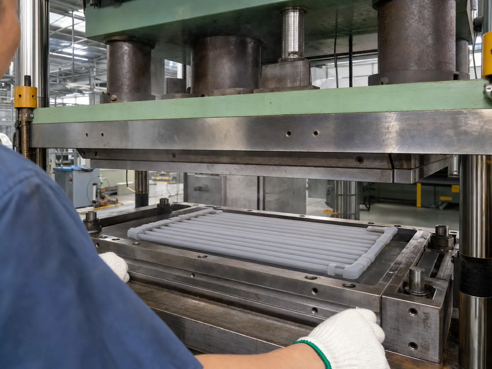 Wetop Silicone compression molding press mid-cycle producing a pure-silicone roll-up drying rack at 180°C under hydraulic clamp in Dongguan