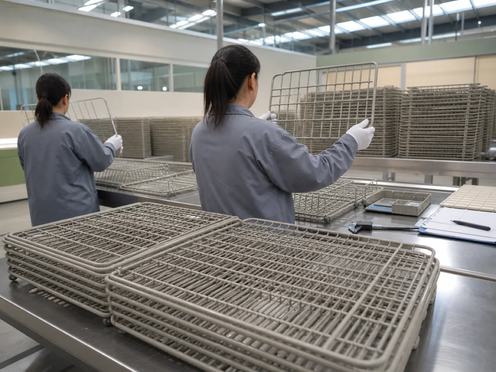 Wetop Silicone QC workshop with technicians running AQL 1.5 inspection on a batch of silicone-coated stainless drying racks under D65 daylight-simulation lighting in Dongguan