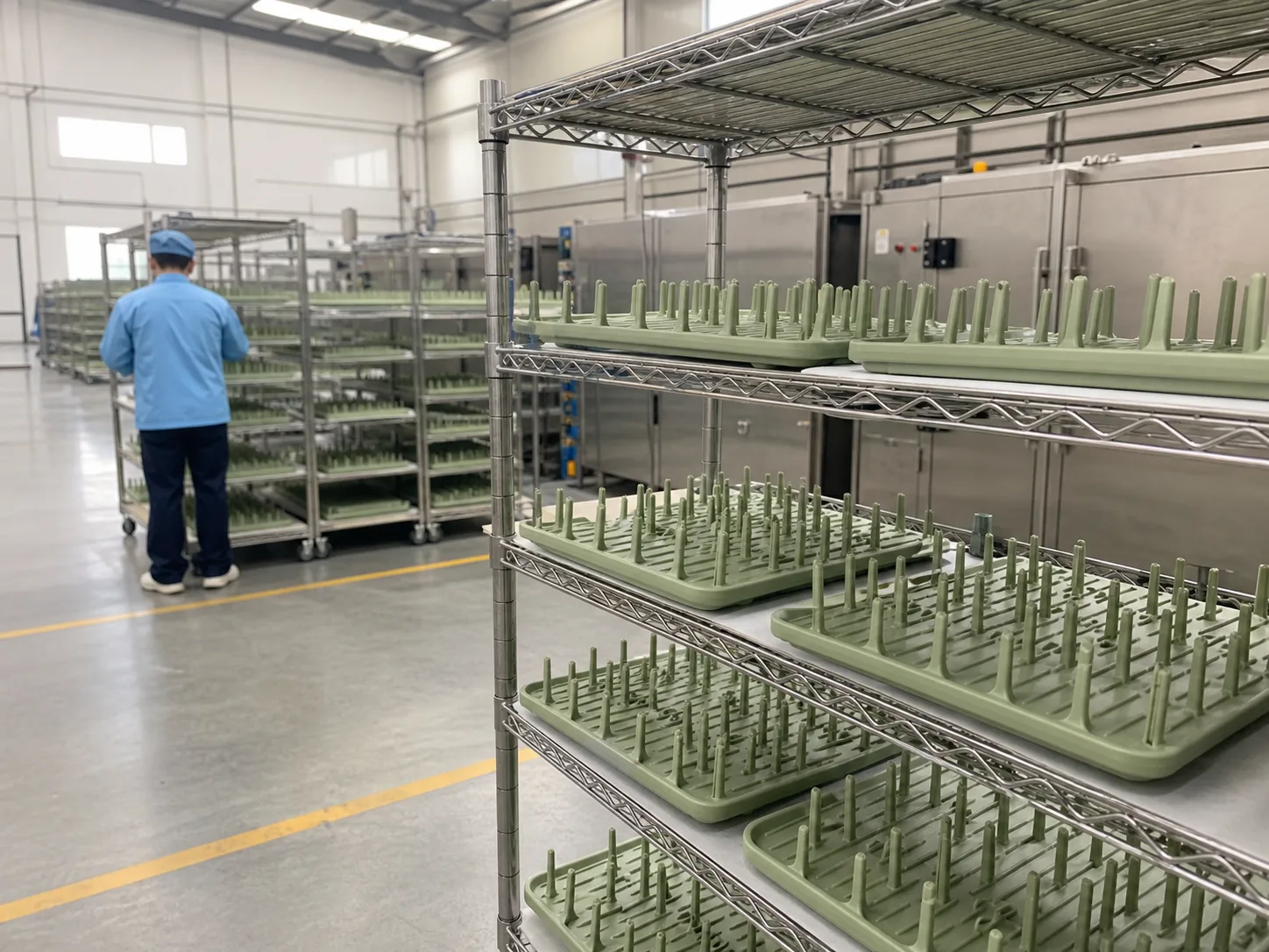 Wetop Silicone secondary-process workshop with batches of silicone drying racks on inspection racks after the mandatory 4-6 hour post-cure cycle at 180-200°C in Dongguan