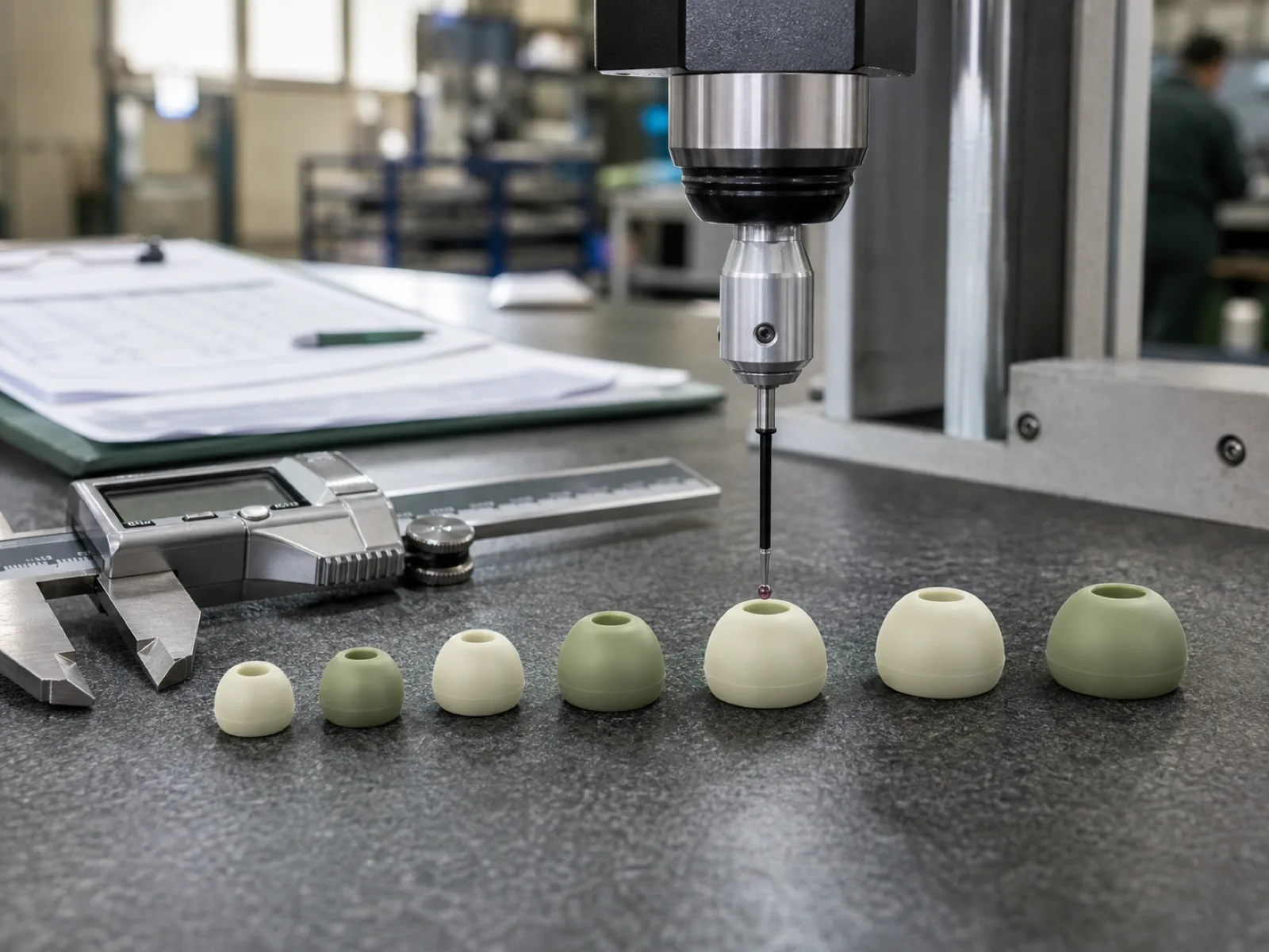 Cream and sage translucent silicone earbud tips in XS through XL sizes on a QC bench with digital calipers and CMM optical probe at Wetop Silicone Dongguan factory under D65 inspection light