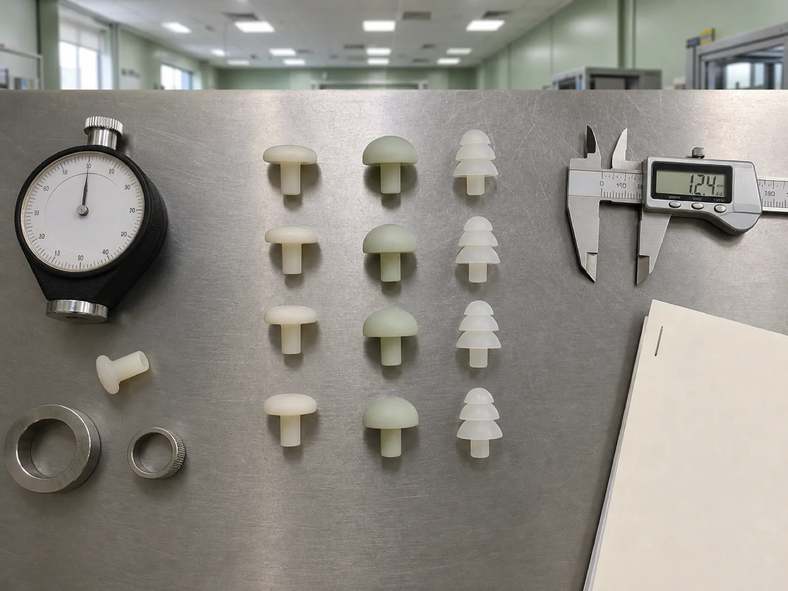 Platinum-cured silicone earplugs in flanged, mushroom, and tri-flange geometries arrayed on a stainless QC bench beside a Shore A durometer, digital calipers, and a USP Class VI test report under D65 inspection light in a Dongguan cleanroom