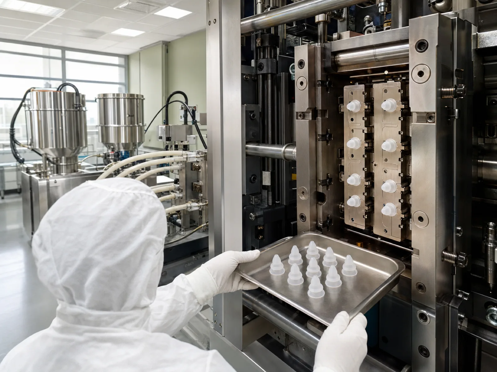 LSR injection molding cell producing tri-flange silicone earplugs — heated mold platen, servo-metered A/B silicone pumps, and a gloved technician back-visible inspecting a freshly demolded shot at a Dongguan factory Class 8 cleanroom