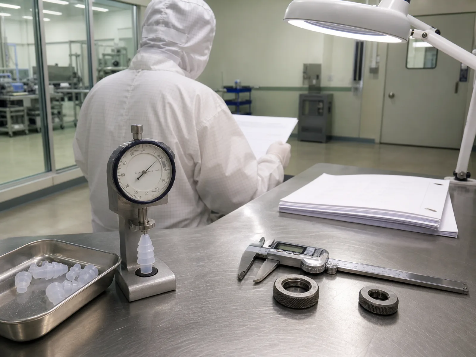 Quality-control bench for silicone earplugs — Shore A durometer, digital calipers, ring gauges for flange OD, and a stack of USP Class VI test reports being reviewed by a technician back-visible in a bunny suit under D65 inspection light