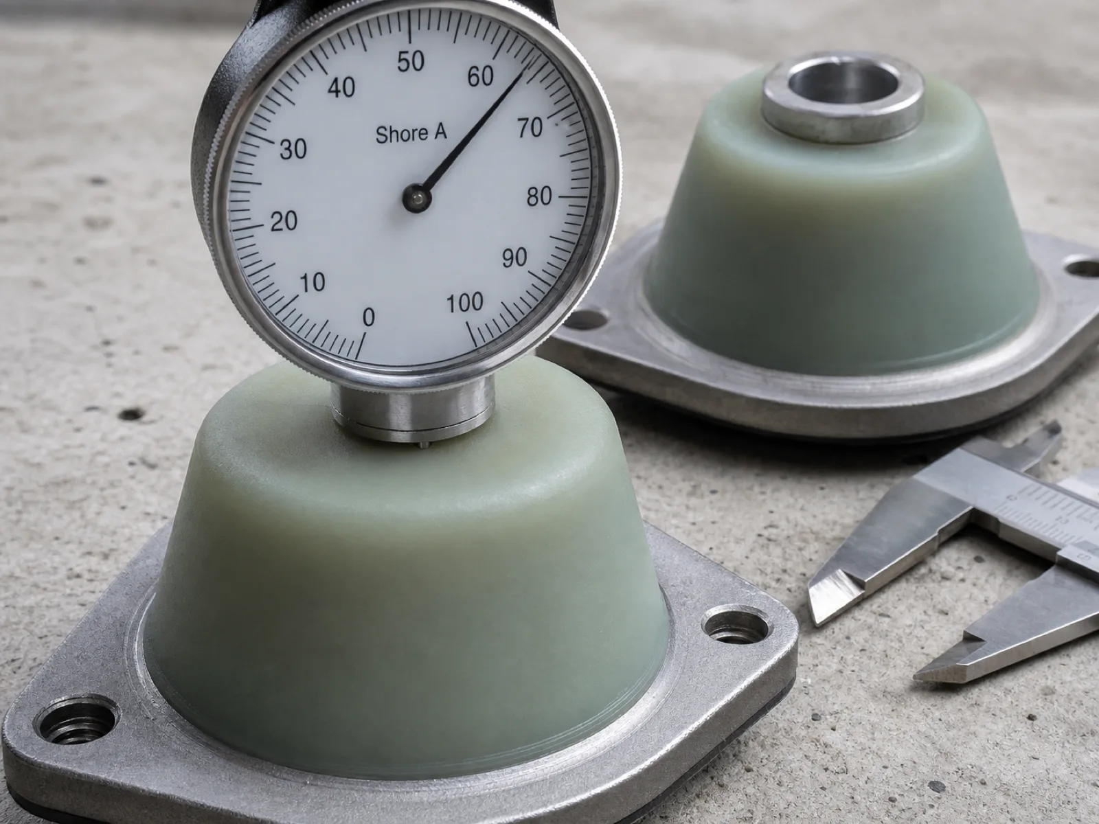 Analog Shore A durometer pressed against the silicone body of a bonded engine mount on a matte concrete QC bench, reading 60 on the dial, with a second conical mount and calipers alongside