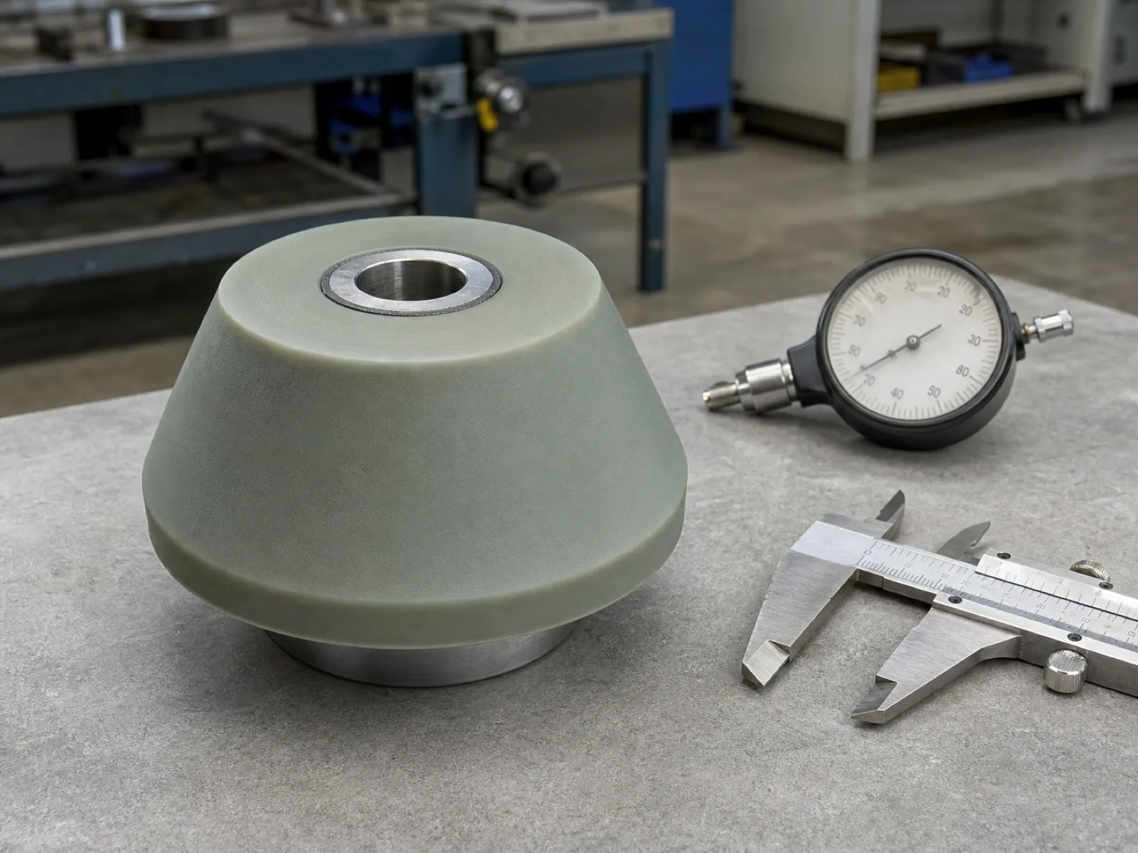 A compression-molded silicone engine mount with a bonded steel core sleeve resting on a matte concrete QC bench beside a durometer gauge and calipers, showing the matte-satin silicone body around the metal insert