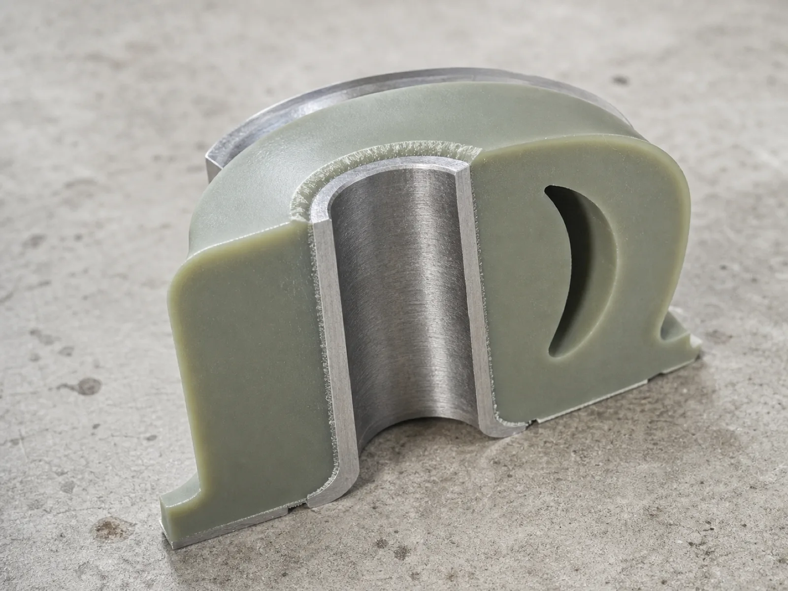 Razor-cut cross-section of a compression-molded silicone engine mount on a matte concrete QC bench, showing the bonded steel core sleeve at the center surrounded by the silicone body with a void profiled into the wall