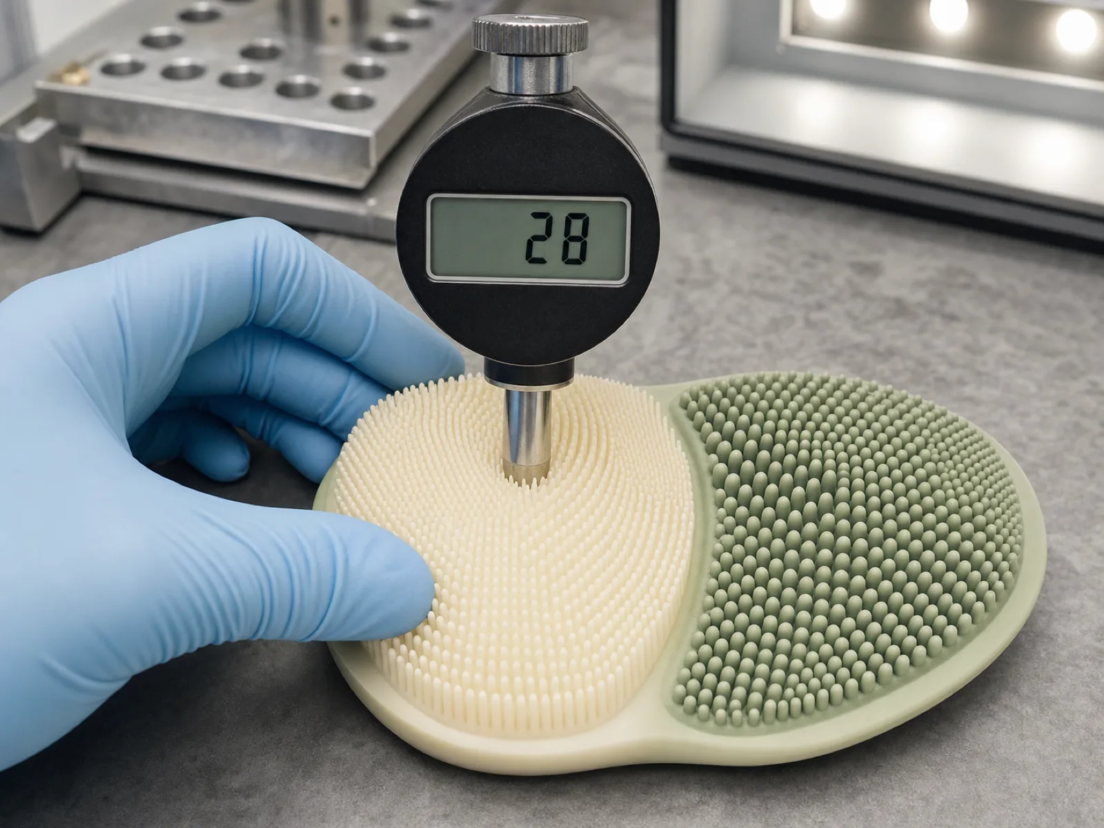 Shore A durometer check on the silicone finger array of a face cleansing head at Wetop — a digital durometer reading 28 pressed onto a soft cream-colored cheek-zone touch point, a separate firmer sage-colored T-zone nub cluster beside it, engineer's gloved hand steadying the demolded head on a QC bench, cavity calibration blocks and a D65 light box in the blurred background, no branding.