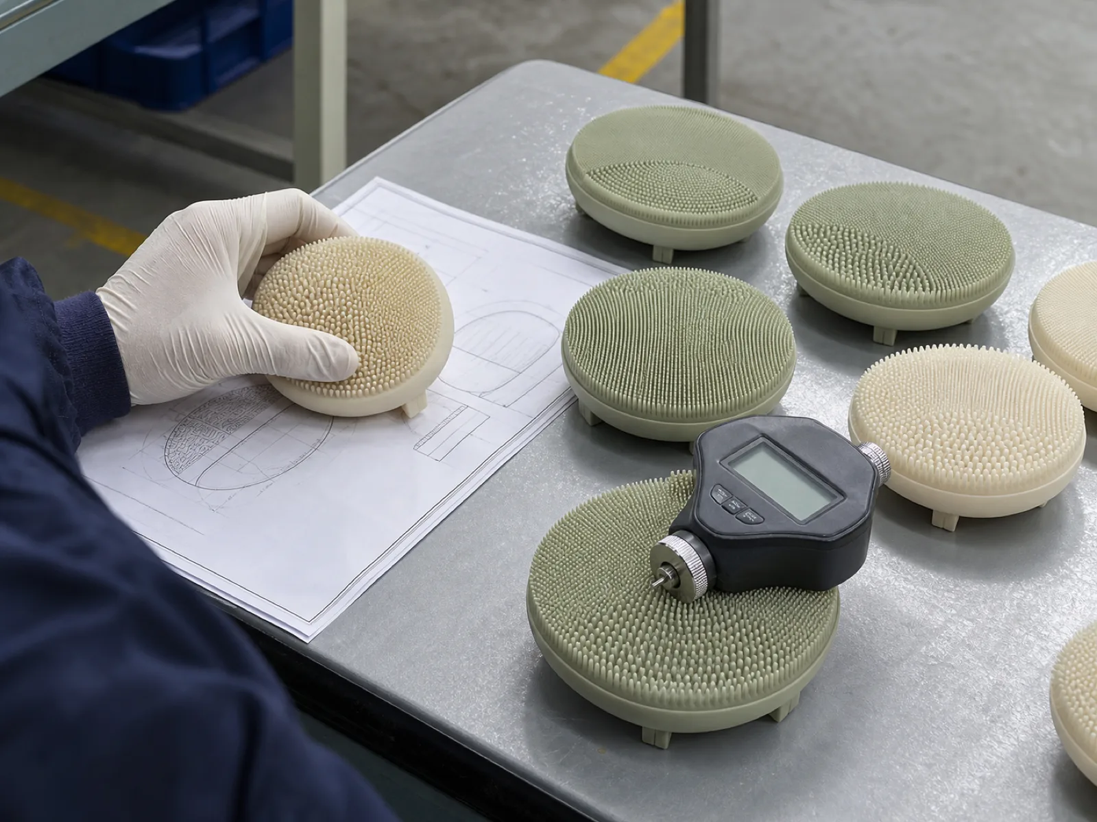 Silicone face cleansing brush OEM samples on a Dongguan QC bench — cream and sage molded silicone brush heads with dense soft touch-point finger arrays of varying pitch, a digital Shore A durometer resting on a cluster of exfoliating fingers, engineer's gloved hand aligning a demolded head against a cavity spec drawing, no branding.