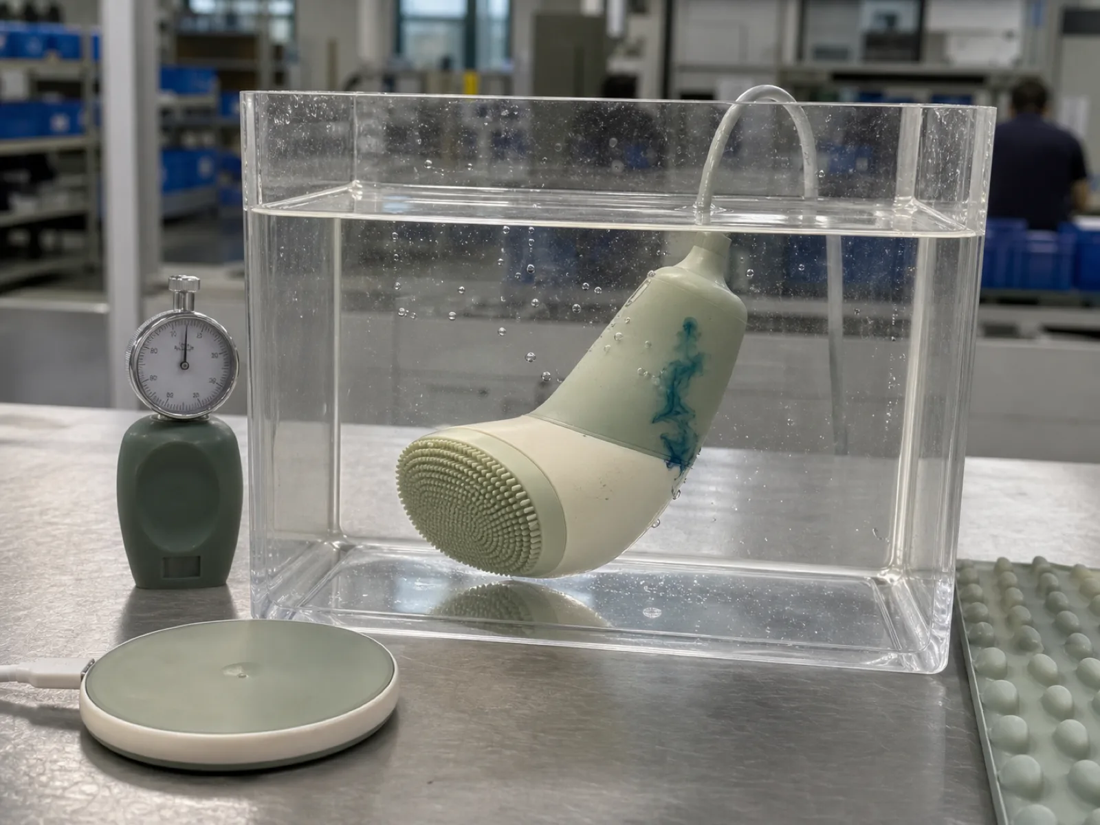 Waterproof IPX validation of a sonic silicone face cleansing brush at Wetop — a cream-and-sage molded silicone cleansing head with overmolded housing submerged in a clear water-filled test tank on a QC bench, air-bubble and dye-penetration check for seal integrity, a durometer and inductive charging pad beside the tank, no faces or branding.