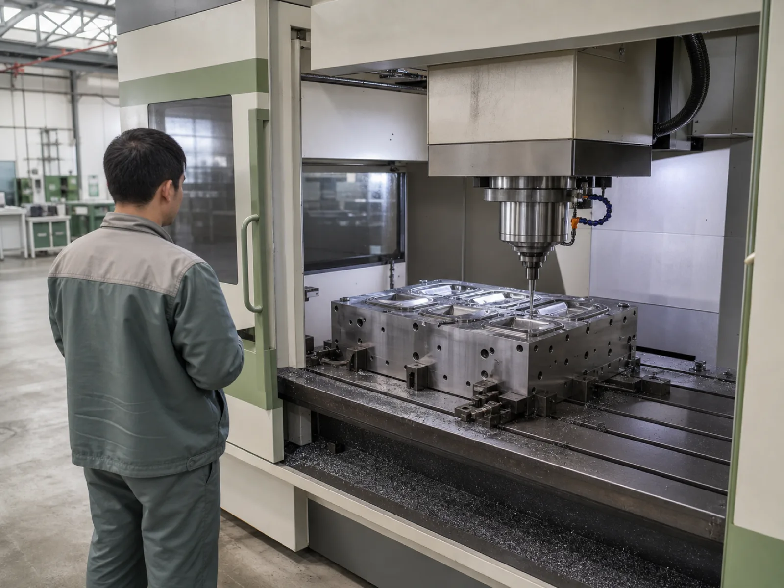 Wetop Silicone in-house mold-making CNC cell machining a 4-cavity P20 hardened steel LSR tool for a custom silicone food storage bag closure geometry with floor operator monitoring the spindle in Dongguan