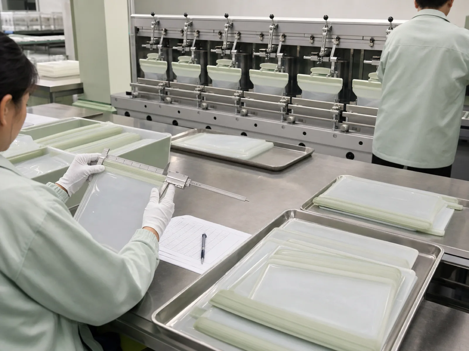 Wetop Silicone QC workshop with technicians running AQL 1.5 inspection and automated closure cycle-life testing on a batch of platinum-cure silicone food storage bags under D65 daylight-simulation lighting in Dongguan