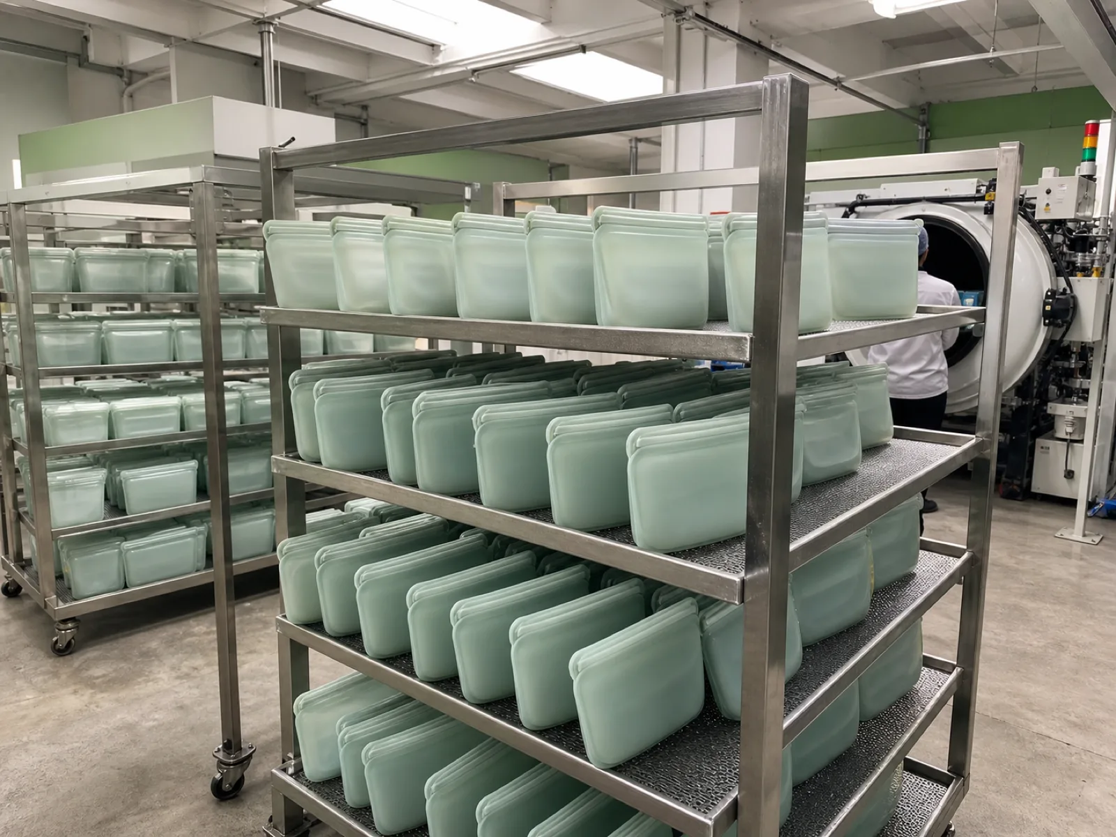 Wetop Silicone post-cure and secondary-process workshop with batches of platinum-cure silicone food storage bags on inspection racks after the mandatory 4-6 hour cycle at 180-200°C awaiting closure cycle-life testing in Dongguan