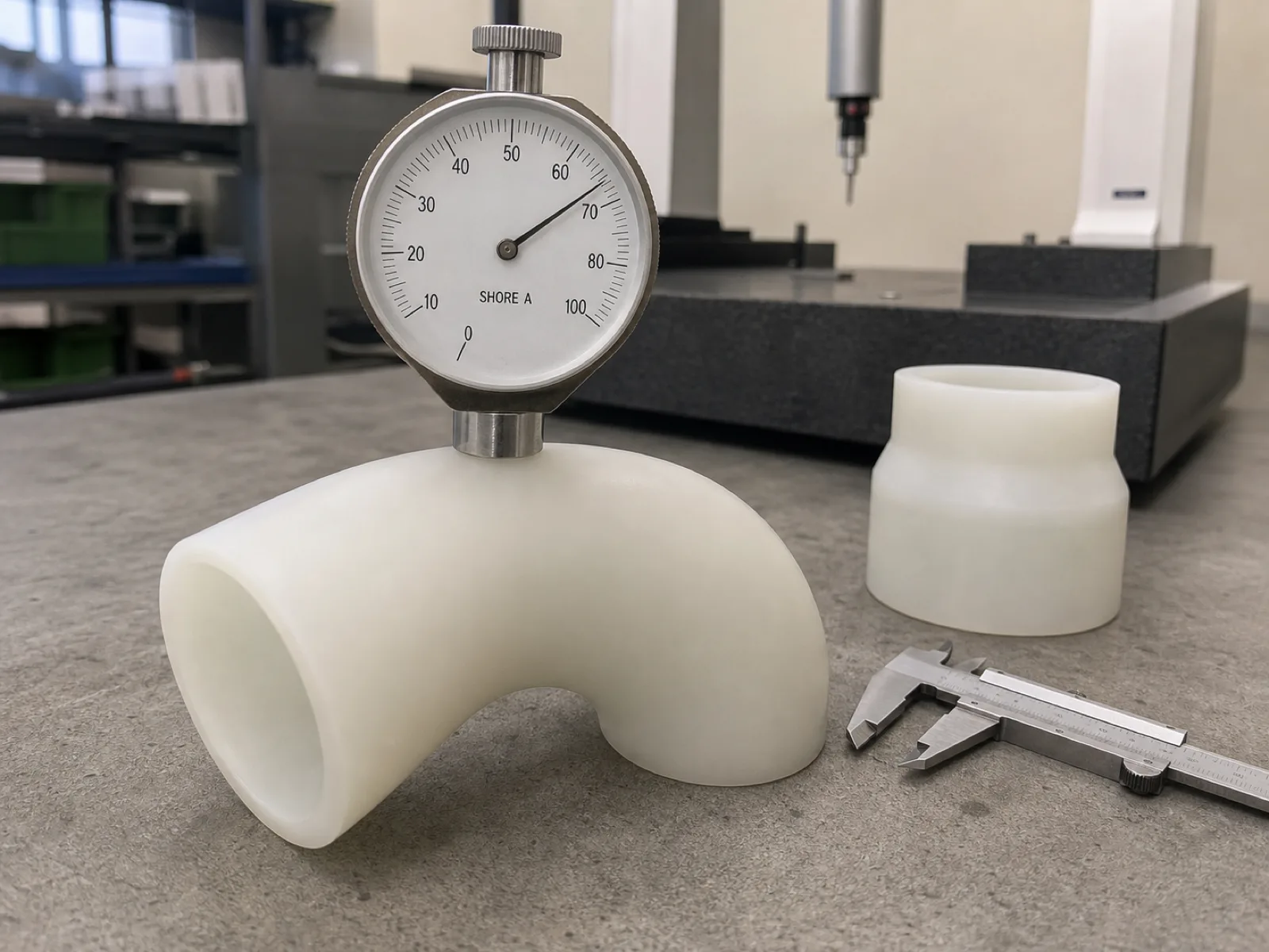 Analog Shore A durometer pressed against the wall of a compression-molded 90-degree silicone elbow hose on a matte concrete QC bench, with calipers and a formed reducer alongside, reading 67 on the dial