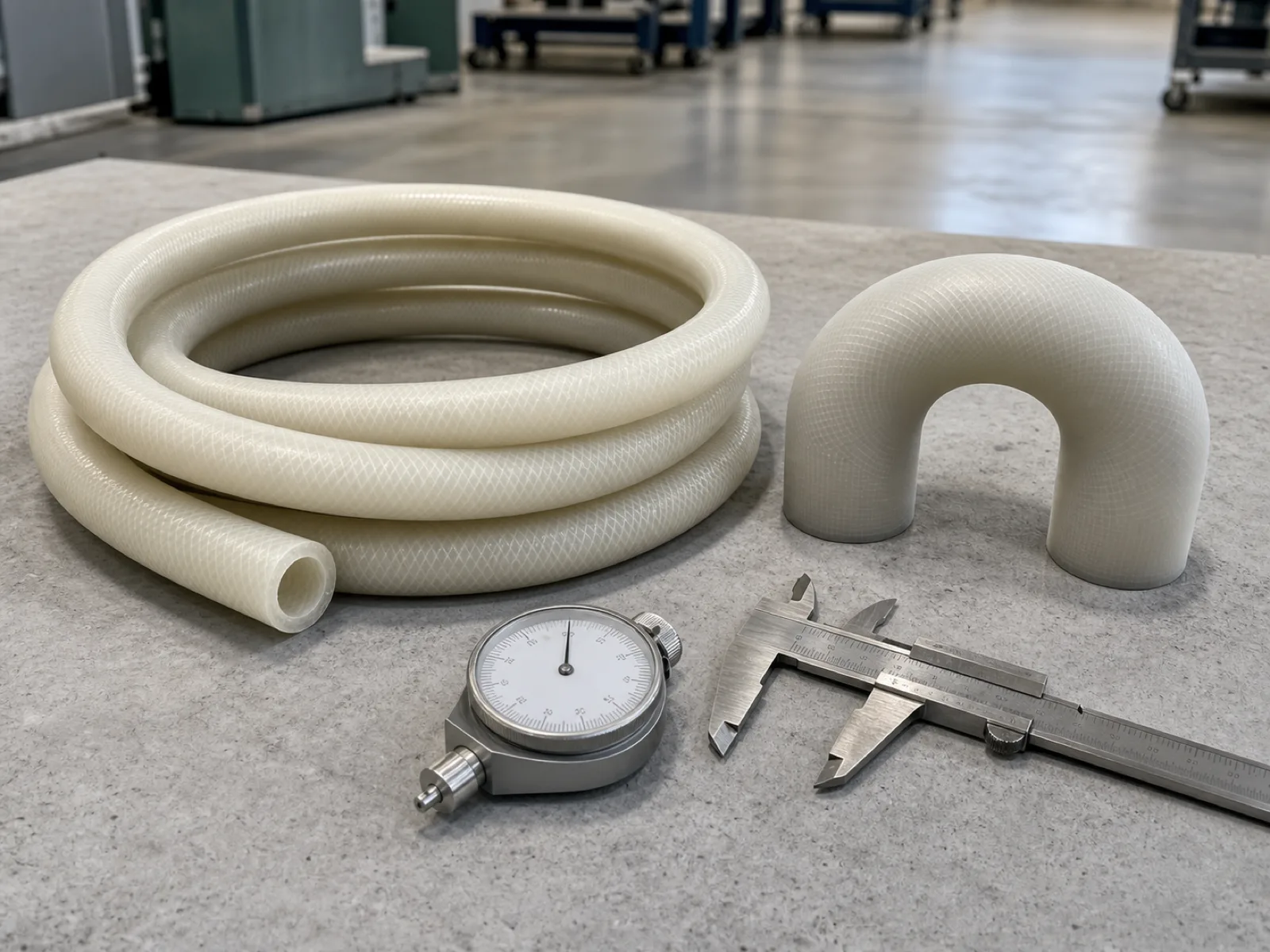 Reinforced silicone coolant hose and a formed 90-degree elbow section laid on a matte concrete QC bench with a durometer gauge and calipers in the foreground