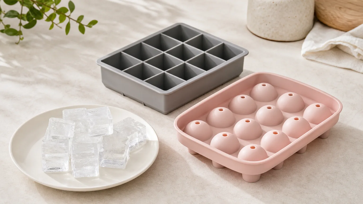 Custom silicone ice cube tray molds and finished 2-inch cube trays on the Wetop Dongguan QC inspection bench under measurement lighting