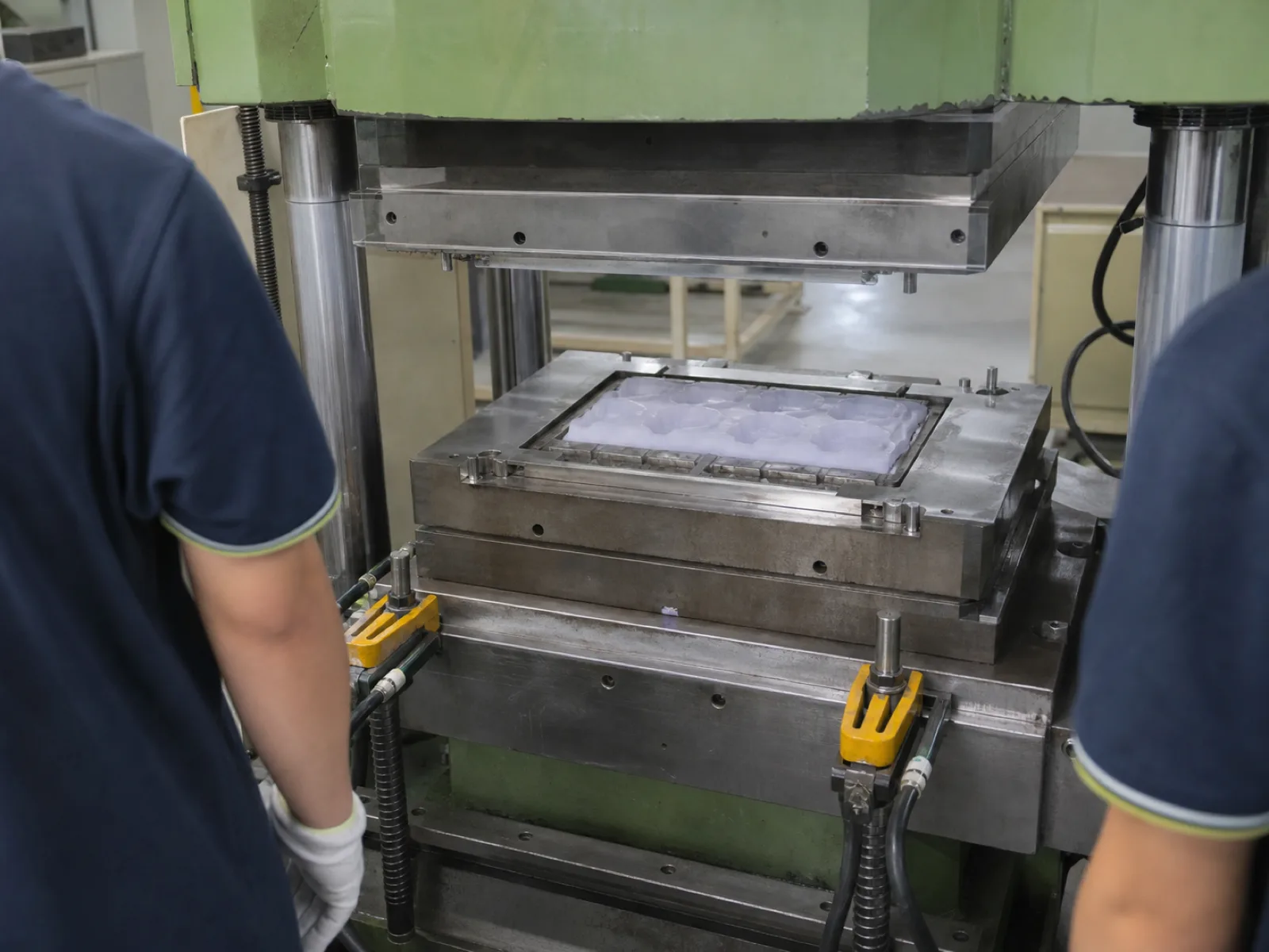 Compression molding press cycling a custom silicone ice cube tray mold at Wetop's Dongguan floor with hydraulic clamp and P20 steel tooling
