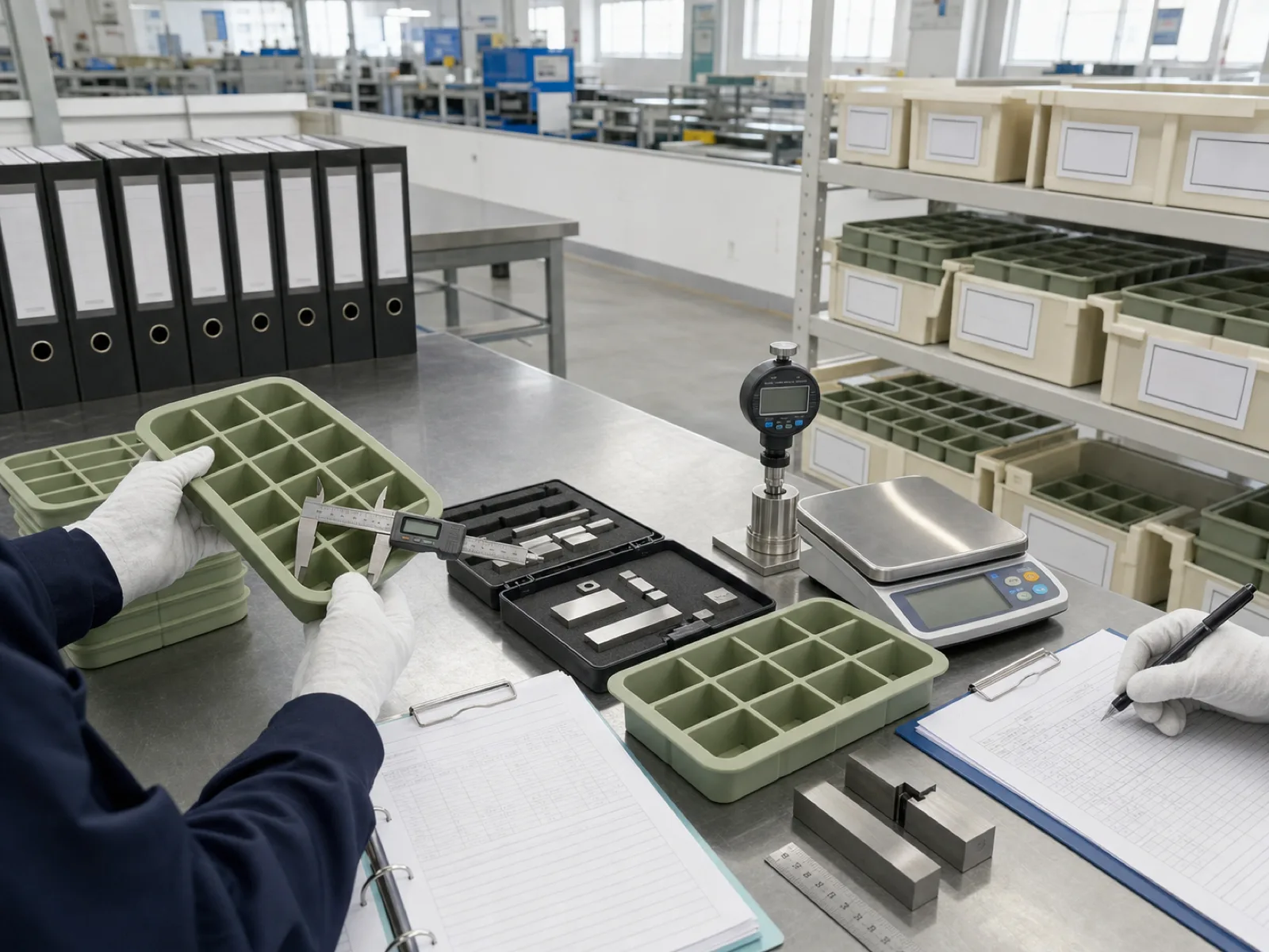 Wetop Silicone QC inspection workshop with metrology tools and per-batch documentation for a silicone ice cube tray production run under ISO 9001 traceability