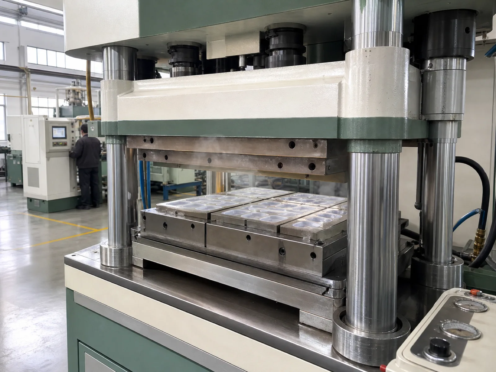 Wetop Silicone compression molding press mid-cycle with a P20 hardened steel multi-cavity mold curing silicone ice trays at 180°C under hydraulic clamp in Dongguan
