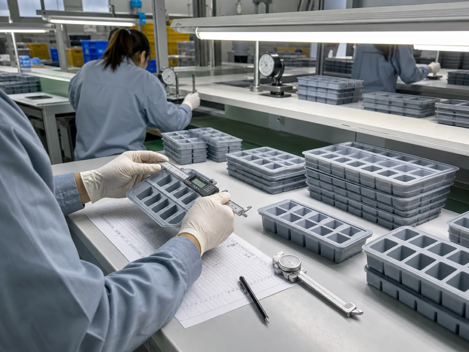 Wetop Silicone QC workshop with technicians running AQL 1.5 inspection on a batch of silicone ice trays under D65 daylight-simulation lighting in Dongguan