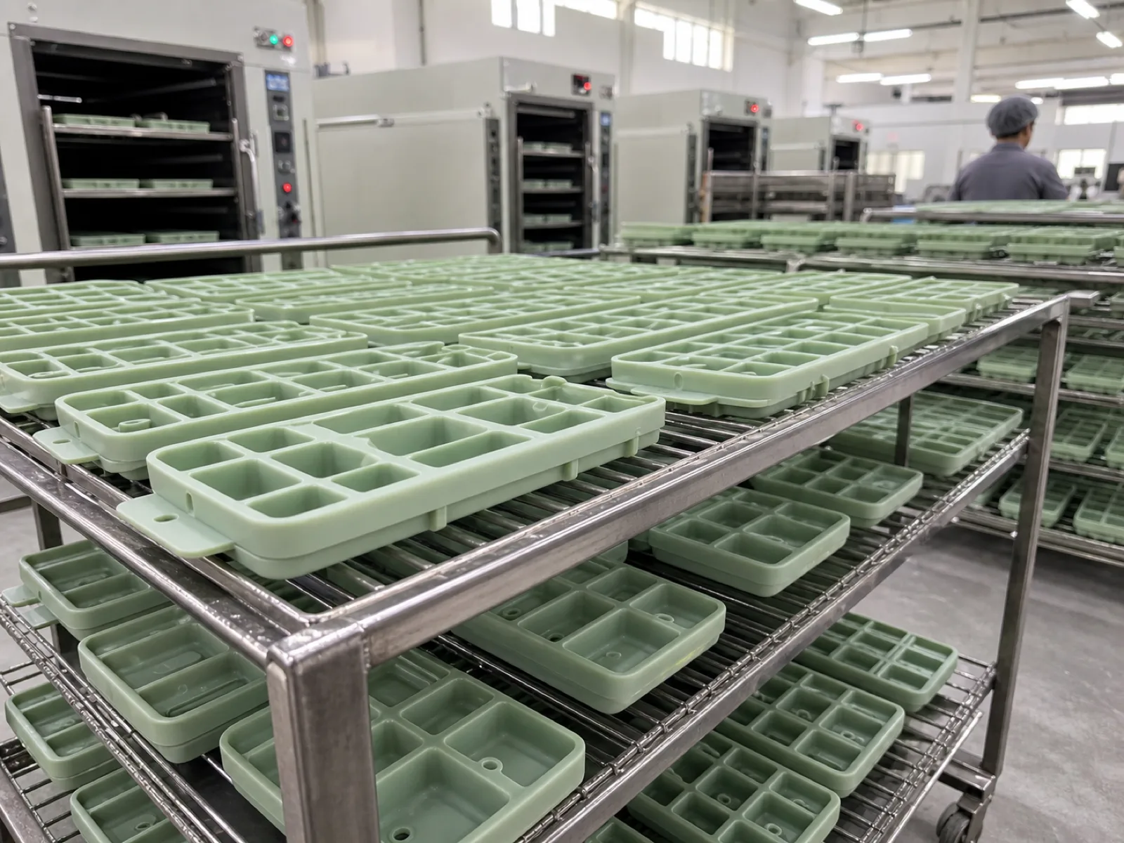 Wetop Silicone post-cure and secondary-process workshop with batches of silicone ice trays on inspection racks after the mandatory 4-6 hour cycle at 180-200°C in Dongguan