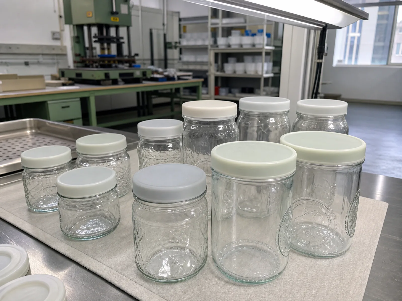 Assortment of platinum-cured silicone jar lids in regular 70 mm and wide 86 mm mouth diameters sealed onto generic clear glass Mason-style jars on a Wetop QC bench under D65 inspection light in Dongguan
