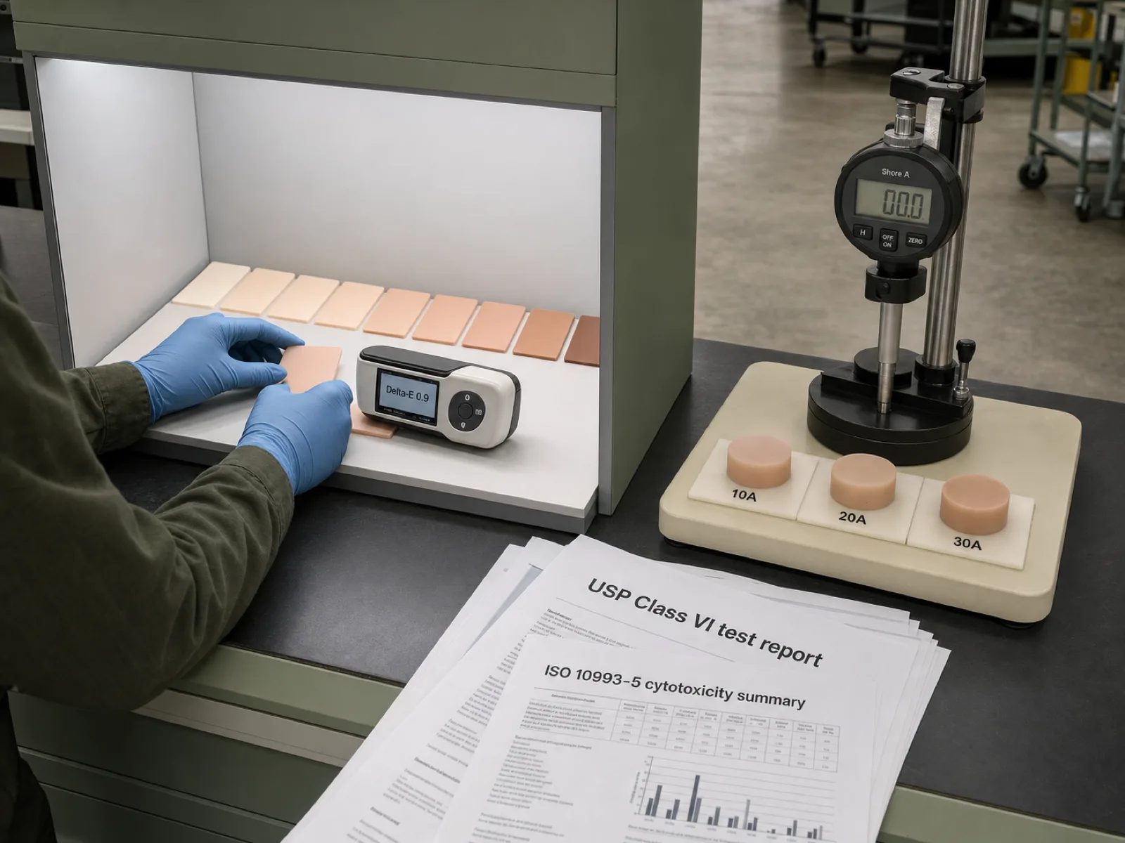 Wetop QC bench with a platinum-cured silicone jar lid sealed onto a generic clear glass Mason-style regular-mouth jar beside a digital caliper measuring the sealing lip cross-section and a durometer verifying 60 Shore A hardness in Dongguan under D65 inspection light