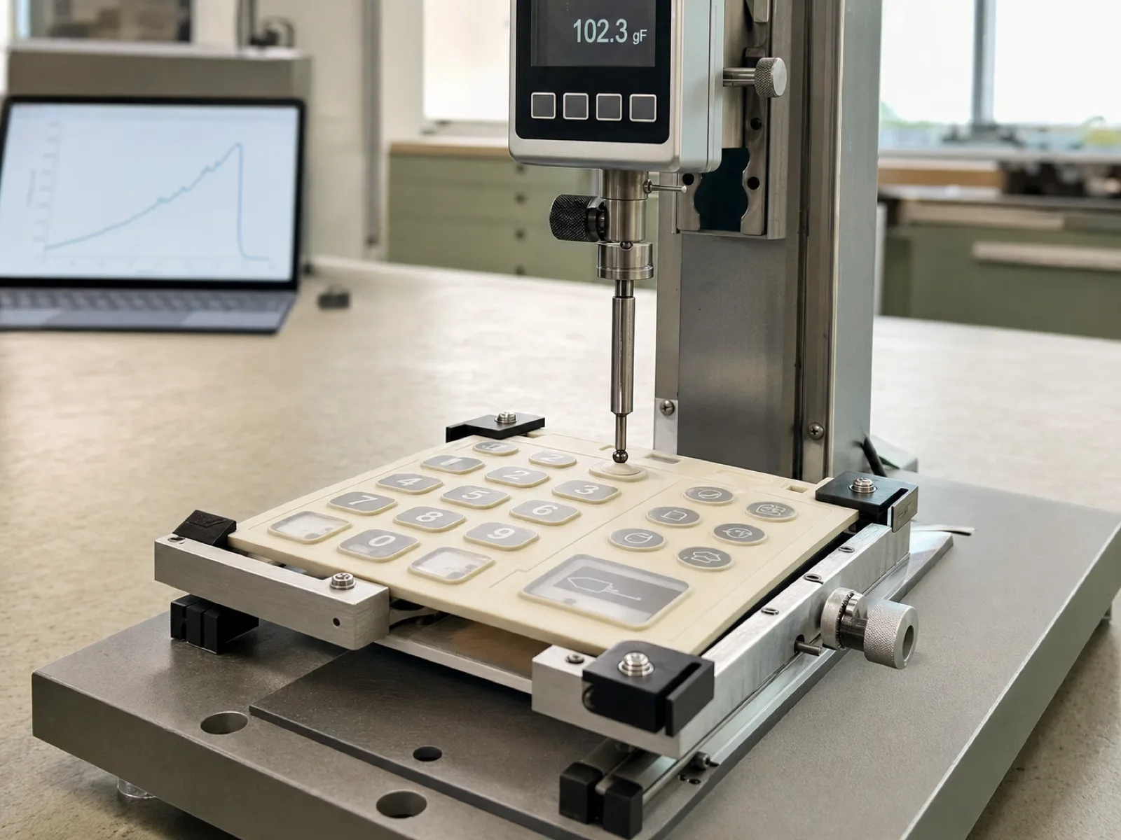 Silicone keypad dome geometry force curve chart with peak actuation force and snap-ratio bands measured on Wetop load-cell rig against ASTM D412 baseline material