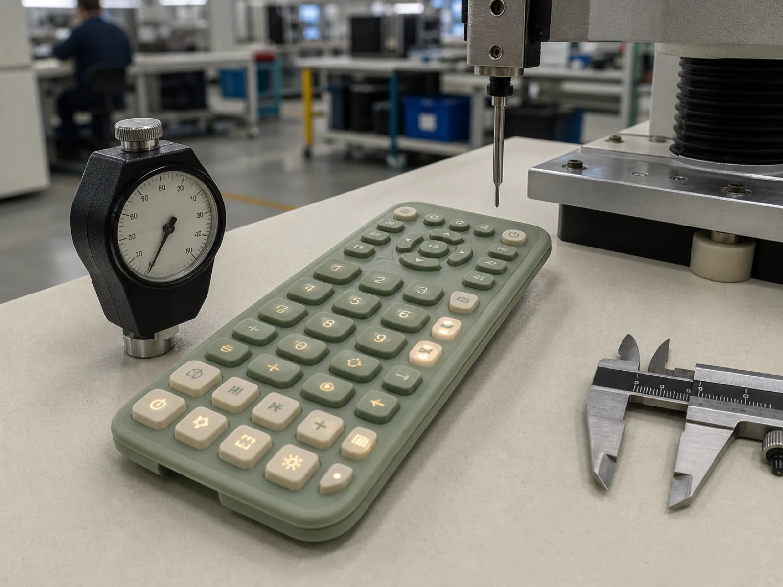 Backlit custom silicone rubber keypad with translucent legend windows and matte polyurethane top coat under Wetop QC bench D65 inspection light in Dongguan