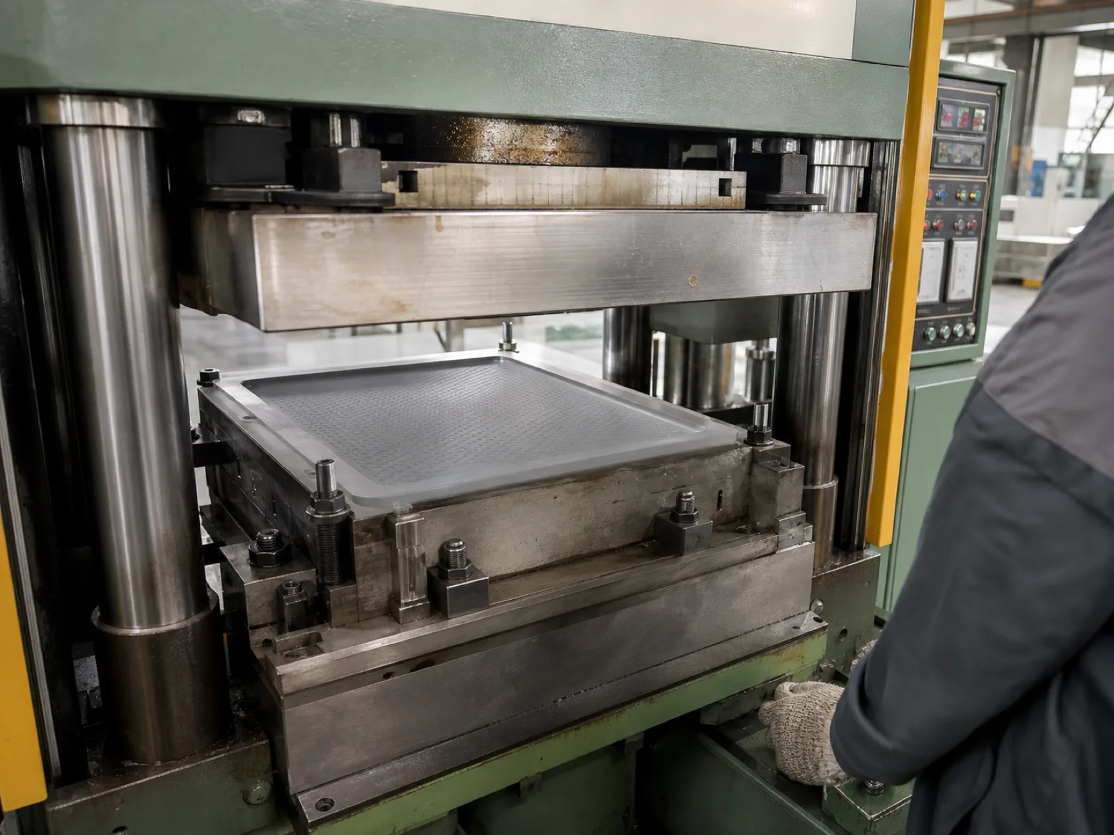 Wetop Silicone compression molding press mid-cycle with a P20 hardened steel mold curing a silicone kitchen counter mat at 180°C under hydraulic clamp in Dongguan