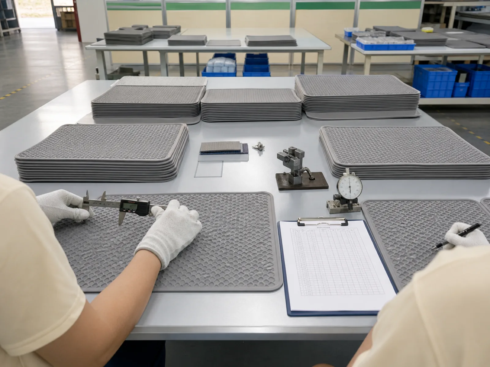 Wetop Silicone QC workshop with technicians running AQL 1.5 inspection on a batch of silicone kitchen counter mats under D65 daylight-simulation lighting in Dongguan