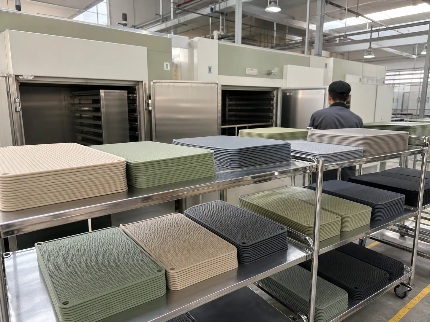 Wetop Silicone post-cure and secondary-process workshop with batches of silicone kitchen mats on inspection racks after the mandatory 4-6 hour cycle at 180-200°C in Dongguan